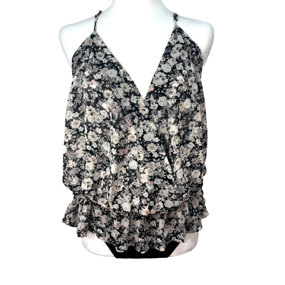 Express Floral Print Chiffon‎ Sleeveless Wrap Top Bodysuit Sz M Coquette Y2K